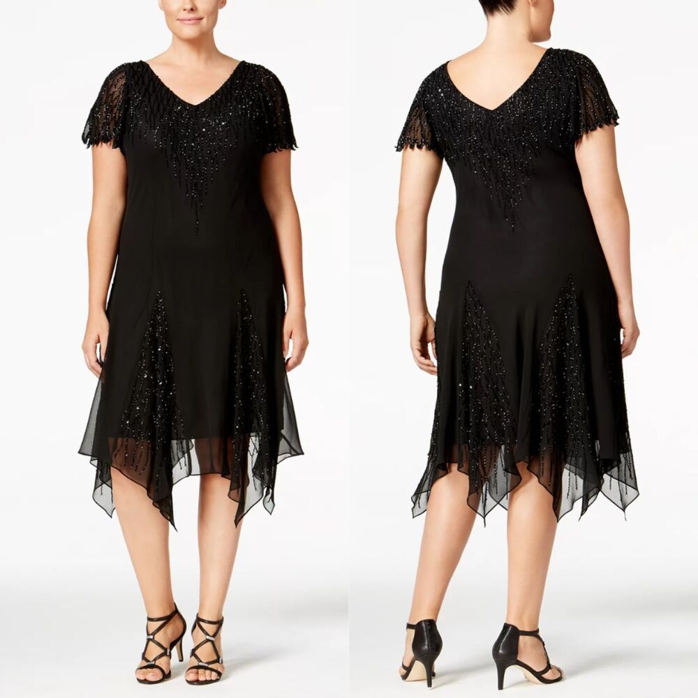 Vtg J Kara Dress 22W Black Beaded Asymmetrical Cocktail Whimsigoth Formal Y2K